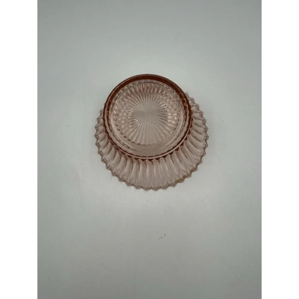 Pink Pressed Glass Ribbed Round Bowl Scalloped Rim 6 in Diameter